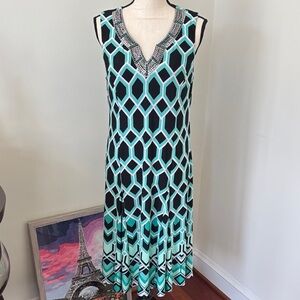JM Collection Black and Green Geometric Midi Dress